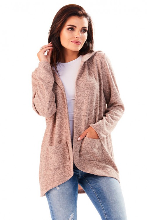 CM3225 Niezapinany kobiecy sweter z kapturem - różowy
