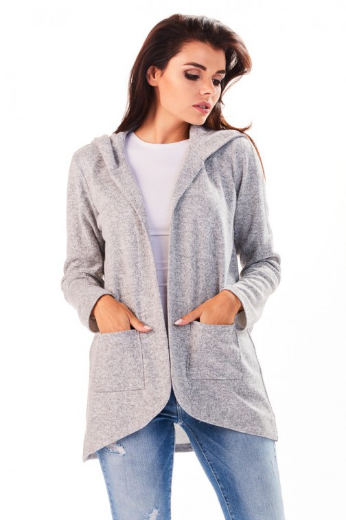 CM3225 Niezapinany kobiecy sweter z kapturem - szary