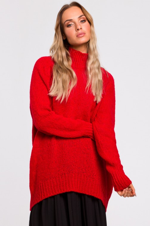 CM4786 Asymetryczny sweter z półgolfem - czerwony