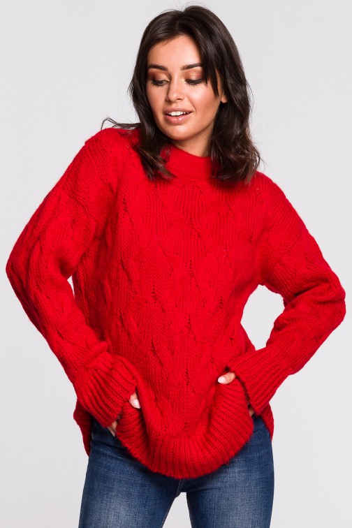CM4753 Sweter ze splotem typu warkocz - czerwony