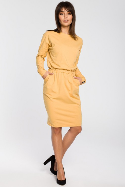 CM3443 Sukienka z gumą w pasie i długimi rękawami - żółta