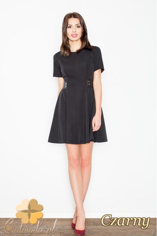 CM2355 Rozkloszowana sukienka mini z ozdobnymi wstawkami - czarna