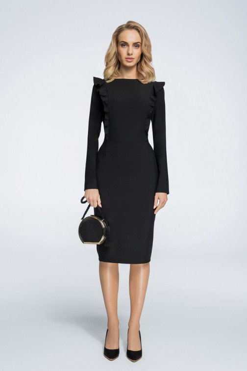 CM3057 Ołówkowa sukienka zdobiona falbankami - czarna