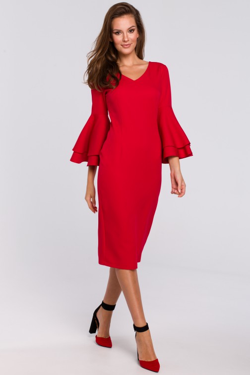 CM4941 Sukienka z falbanami przy rękawach - czerwona