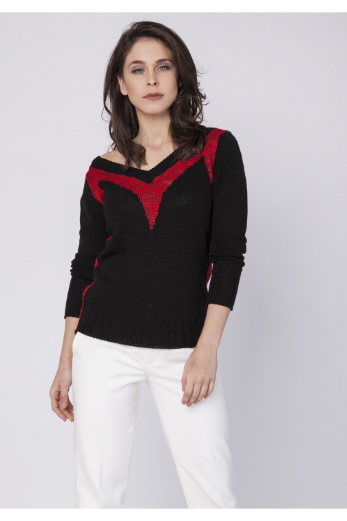 CM3521 Elegancki sweter z metalizowanej przędzy - czarny-czerwony