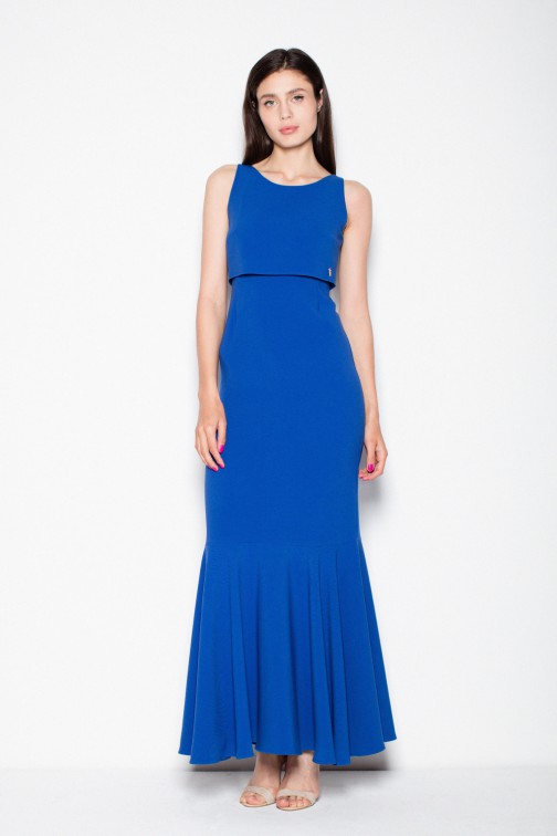 CM2994 Prosta sukienka maxi z poszerzanym dołem - niebieska