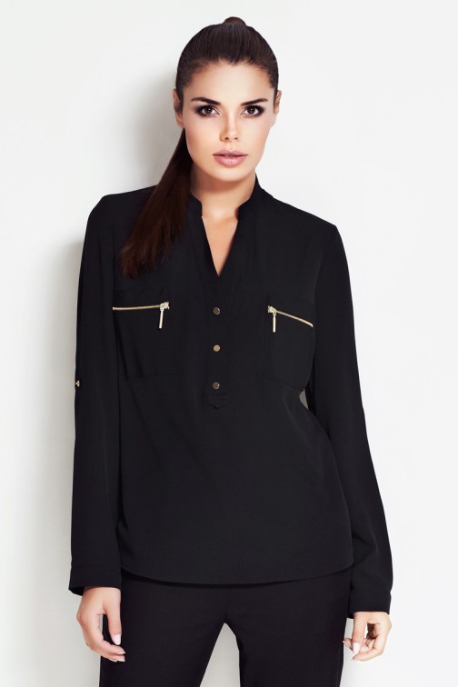 CM0631 AWAMA A51 Kobieca bluzka koszula ze stójką i kieszonkami - czarna