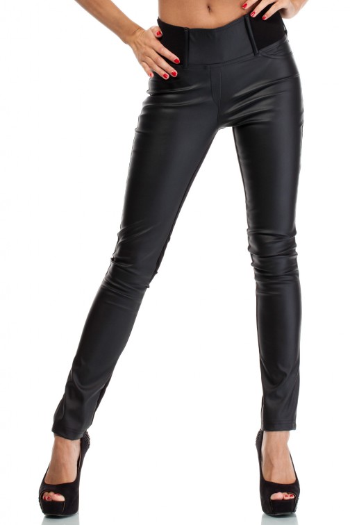 CM1915 Dopasowane skórzane legginsy z kieszeniami - czarne