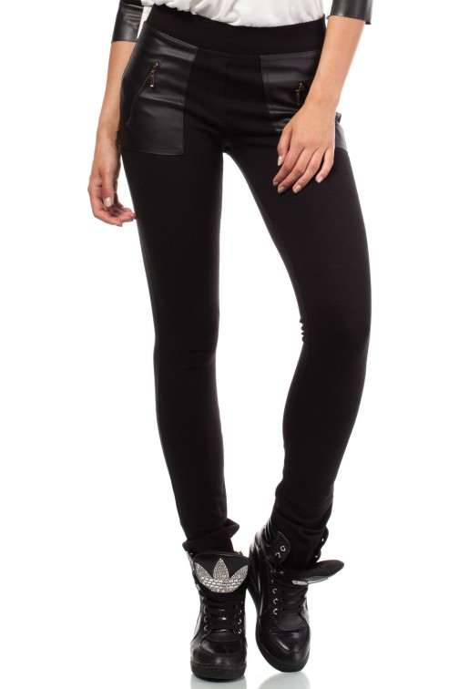 CM1814 Dopasowane legginsy ze skórzanymi kieszeniami i zamkami - czarne