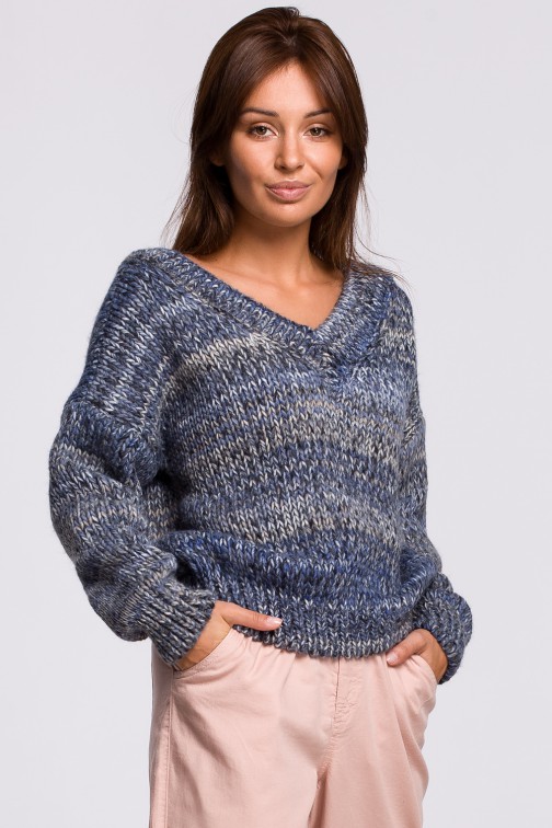 CM5525 Wielokolorowy sweter z dekoltem V - niebieski