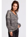 Wielokolorowy sweter z dekoltem V - szary