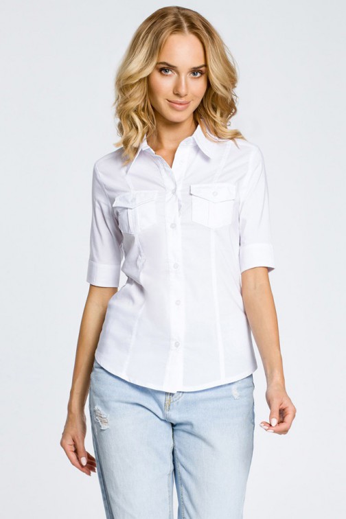 CM0284 Klasyczna taliowana koszula mankiety - biała