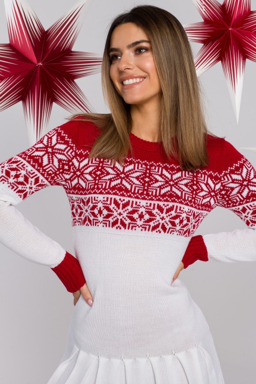 CM5689 Świąteczna sukienka swetrowa - biała
