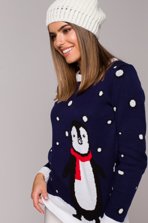 CM5694 Sweter świąteczny z pingwinem - granatowy