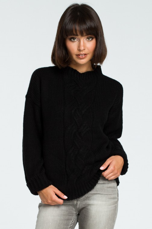 CM3824 Damski sweter z warkoczem - czarny
