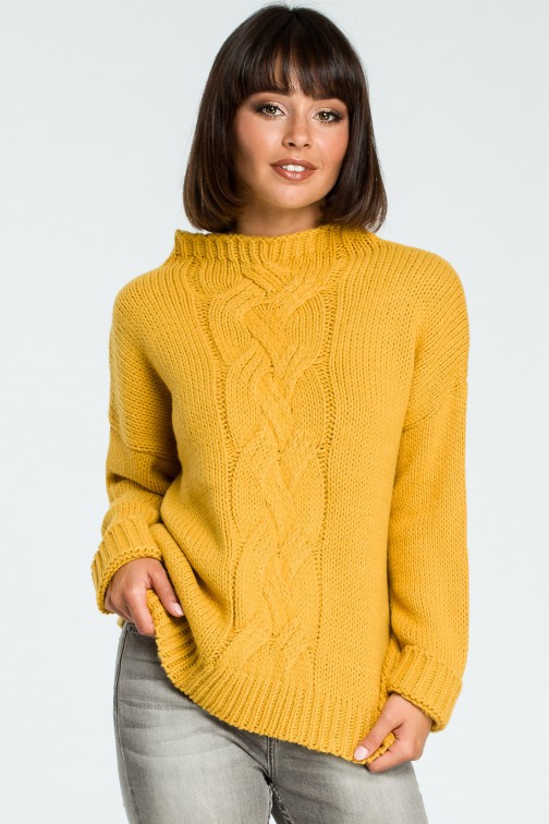 CM3824 Damski sweter z warkoczem - żółty