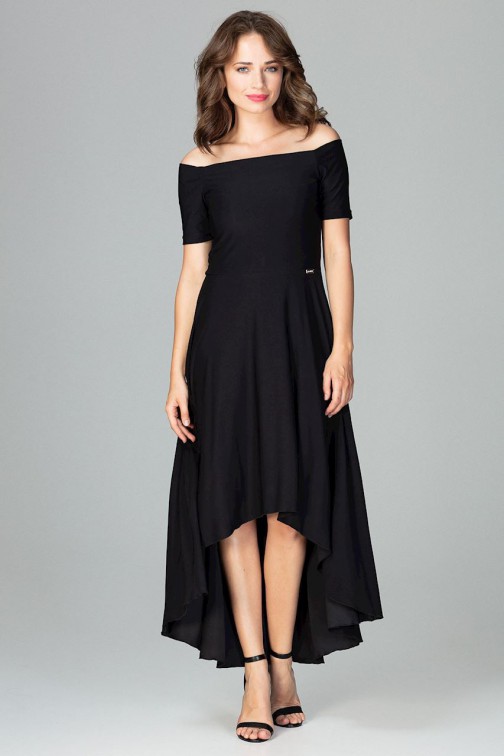 CM3851 Asymetryczna sukienka wieczorowa z falbanami - czarna