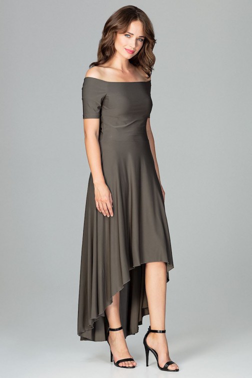 CM3851 Asymetryczna sukienka wieczorowa z falbanami - oliwkowa