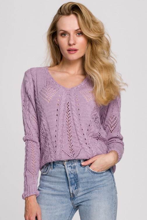 CM5907 Krótki ażurowy sweter - liliowy