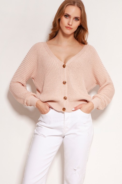 CM5919 Bawełniany sweter w prążki - różowy
