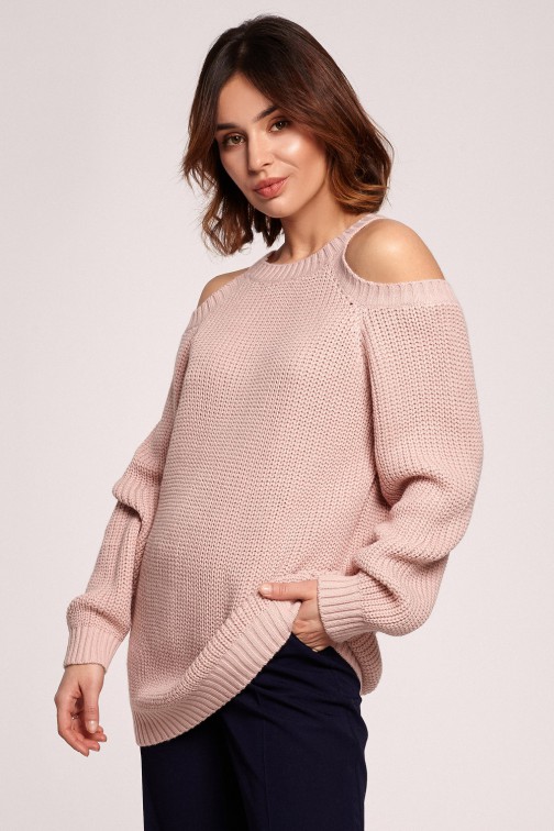 CM5928 Sweter z wycięciami na ramionach - różowy