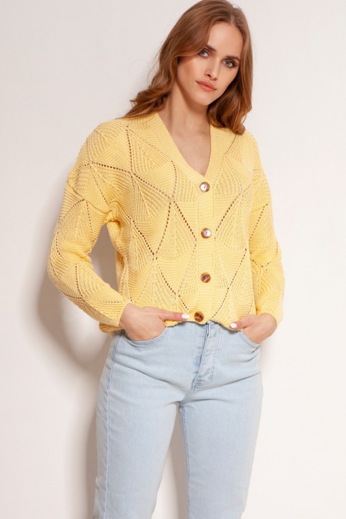 CM5920 Ażurowy sweter na guziki - żółty