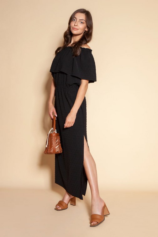 CM6093 Długa sukienka hiszpanka z rozcięciem - czarna