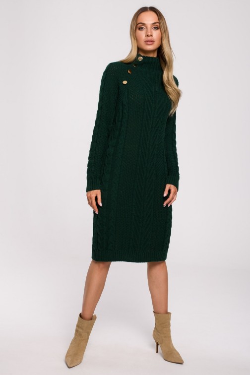 CM6252 Długi sweter - sukienka z golfem i ozdobnymi guzikami - zielony
