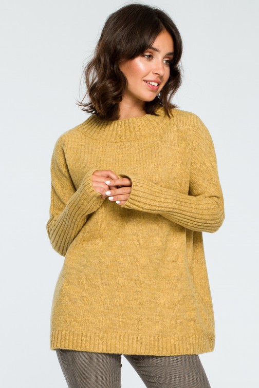 CM3996 Gruby sweter ze ściągaczem w rękawie - musztardowy