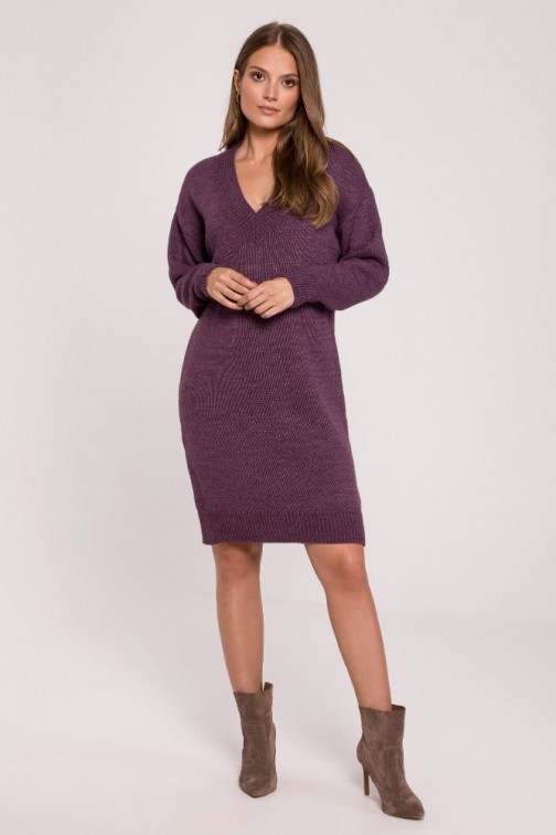 CM6281 Sukienka swetrowa z dekoltem V - fioletowa