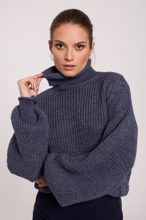 CM6283 Krótki sweter z golfem - niebieski
