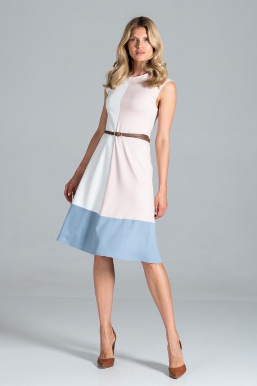 CM6307 Trapezowa sukienka midi - ecru-różowo-niebieska