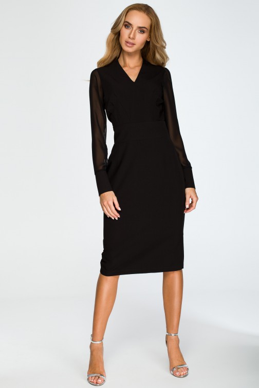 CM4033 Ołówkowa sukienka z szyfonowymi rękawami - czarna