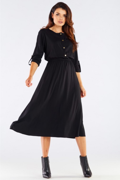 CM6355 Rozkloszowana sukienka midi z długimi rękawami - czarna