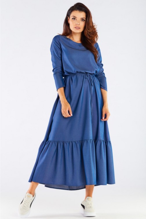 CM6358 Długa sukienka z falbaną i wiązaniem - niebieska