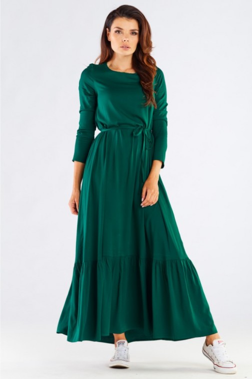 CM6358 Długa sukienka z falbaną i wiązaniem - zielona