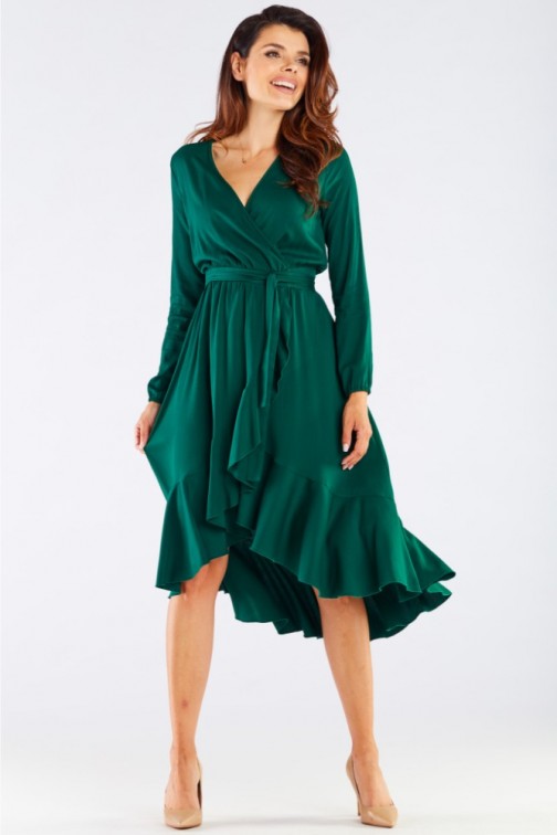 CM6359 Asymetryczna sukienka z kopertowym dekoltem - zielona