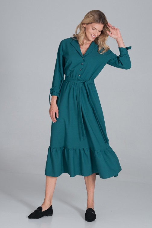 CM6446 Rozkloszowana sukienka z wiązaniem w pasie - zielona