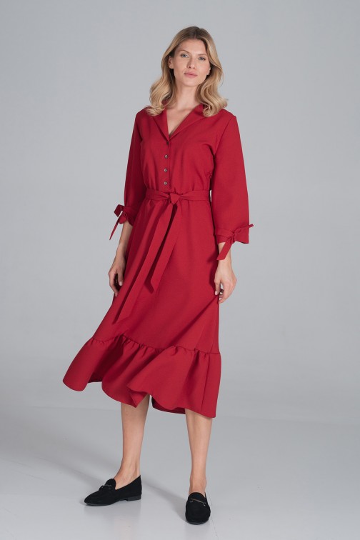 CM6446 Rozkloszowana sukienka z wiązaniem w pasie - czerwona
