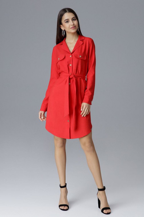 CM4076 Biurowa sukienka na guziki - czerwona