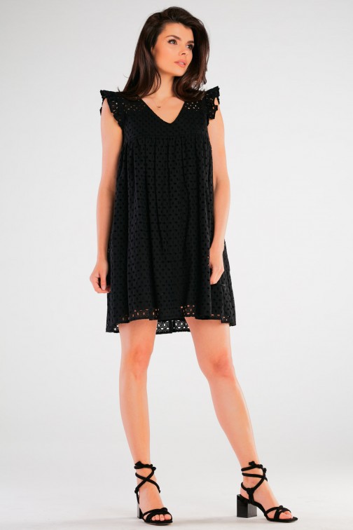 CM6664 Trapezowa sukienka mini z dekoltem V - czarna