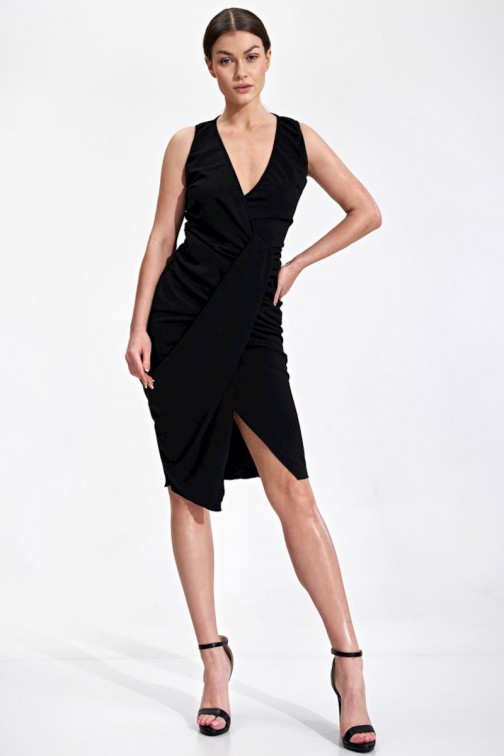 CM6718 Elegancka sukienka midi z drapowaniem - czarna