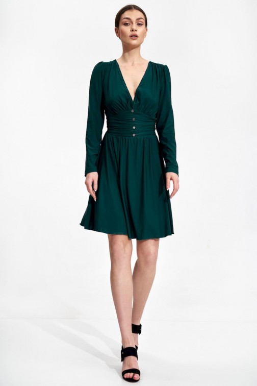 CM6720 Rozkloszowana sukienka mini z długim rękawem - zielona