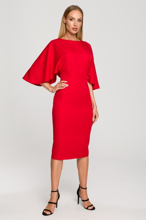 CM6844 Sukienka midi z szerokimi rękawami - czerwona