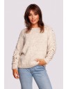 Sweter z warkoczowym splotem na rękawach - beżowy
