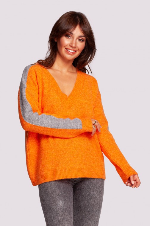 CM6886 Sweter z kontrastowymi lampasami - jasnopomarańczowy