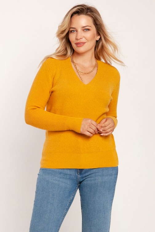 CM6782 Klasyczny krótki sweter z dekoltem V - żółty