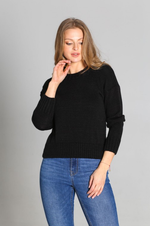 CM6786 Miękki sweter ze ściągaczami - czarny