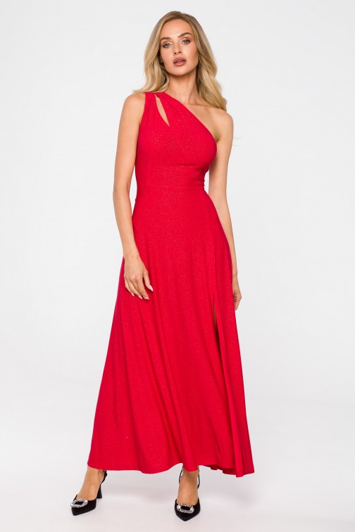 CM6949 Elegancka sukienka z rozcięciem na nogę - czerwona