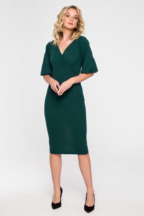 CM7002 Sukienka kopertowa z bufiastymi rękawami - zielona